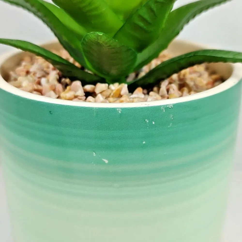 Artificial Succulent Potted Houseplant Teal Blue White Peach Tone Ceramic Rocks